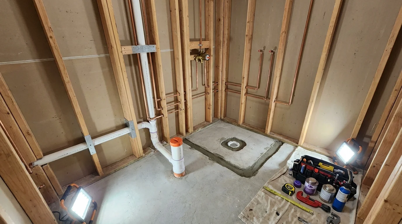 Bathroom rough-in plumbing during remodel by Johns Plumbing LLC in Colorado Springs