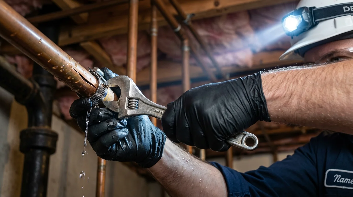 Emergency pipe clamp repair being performed by a Johns Plumbing LLC plumber in Colorado Springs