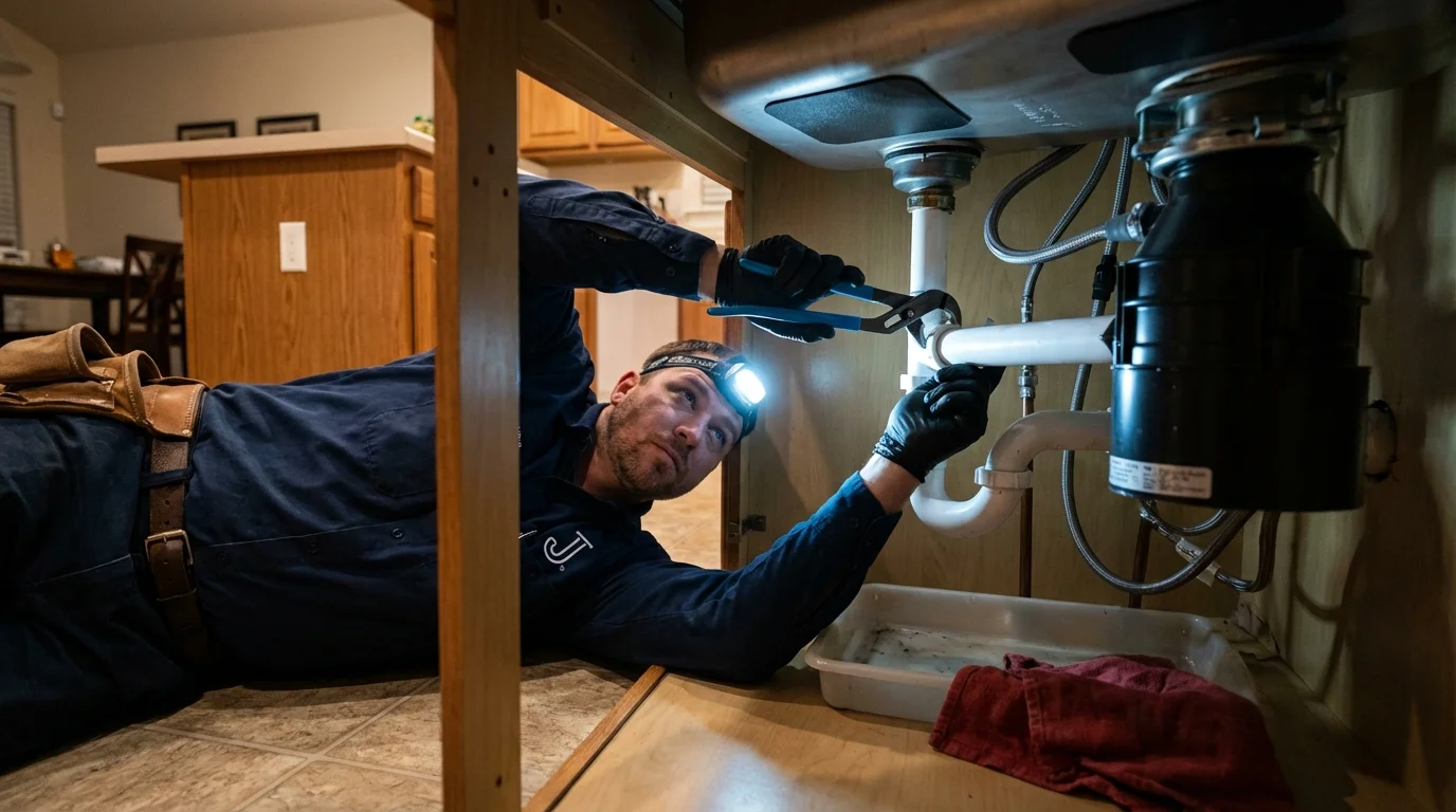 P-trap and supply line connections under a kitchen sink showing a common leak point in Colorado Springs, CO